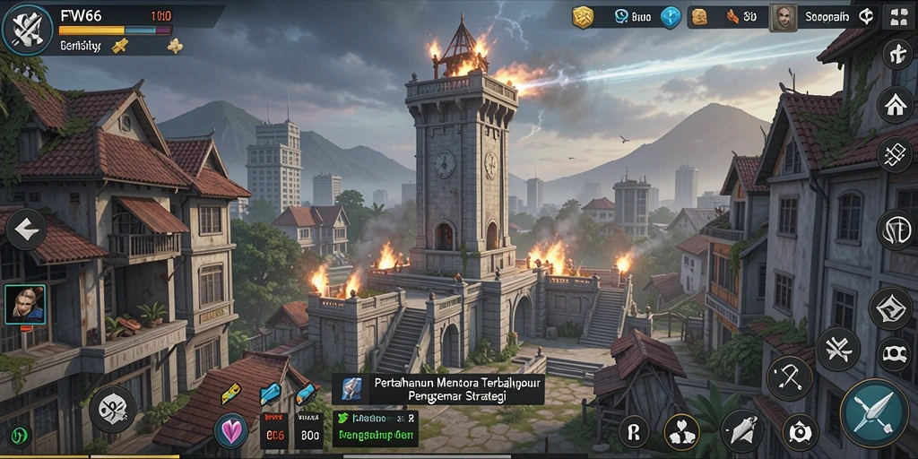 Tangkapan layar gameplay FW66 menampilkan aksi menegangkan dalam pertahanan menara.