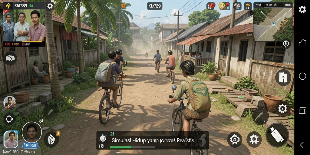 Tangkapan layar gameplay KM789 menunjukkan karakter berinteraksi dalam dunia simulasi yang hidup.