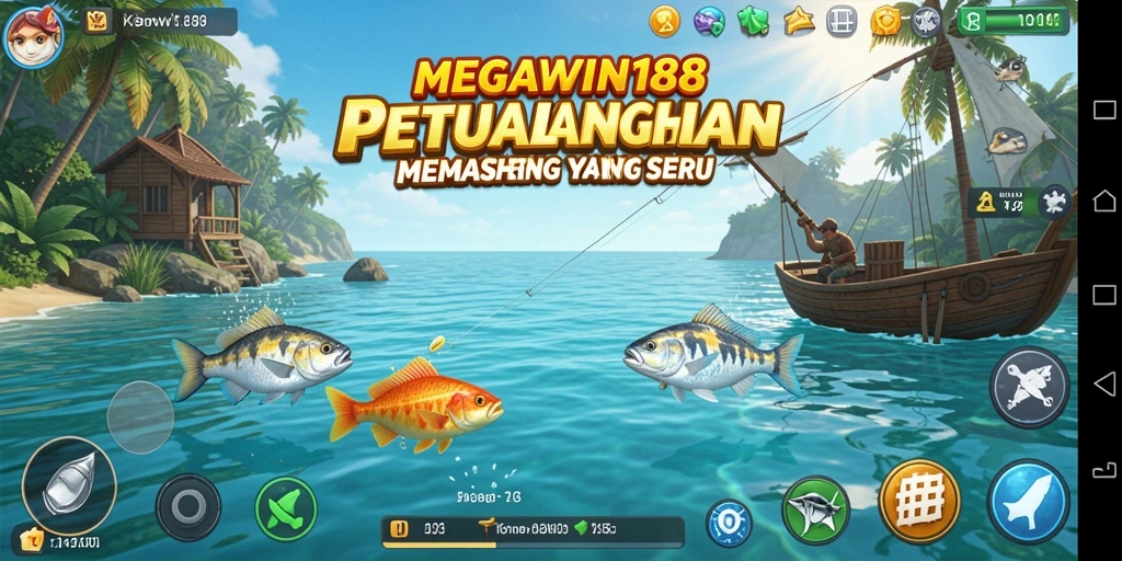Tampilan gameplay MEGAWIN188 saat pemain memancing dengan berbagai alat.