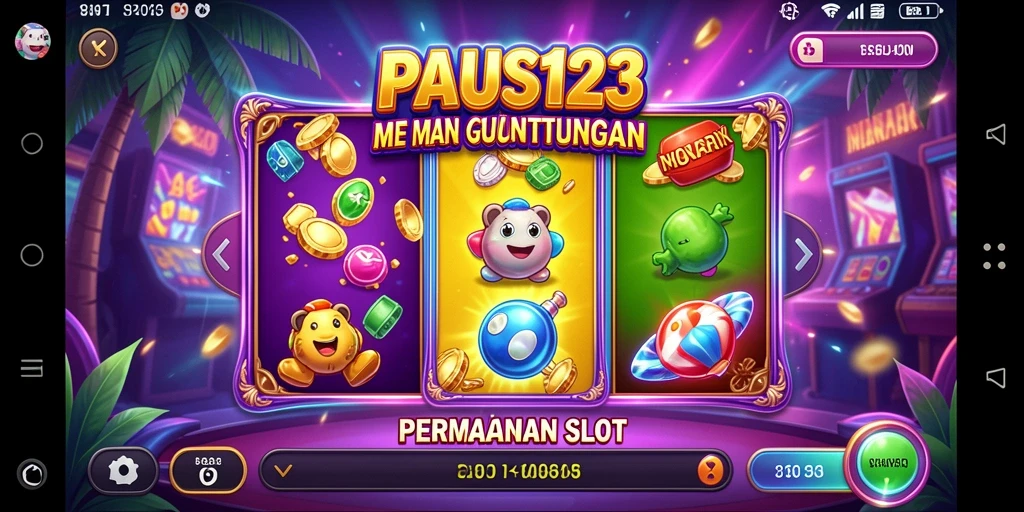 Tangkapan layar gameplay PAUS123 menampilkan mesin slot yang menarik dan berwarna.