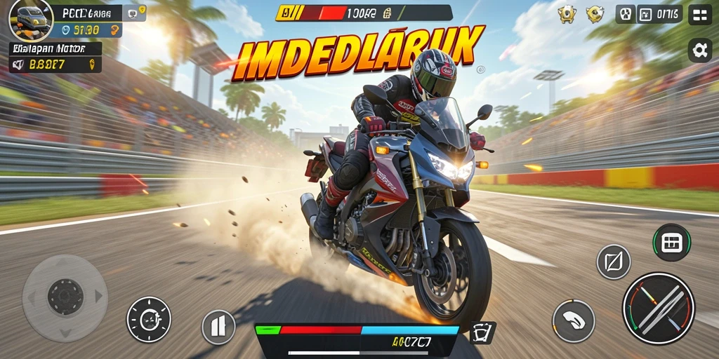 Screenshot utama PCPC7 menunjukkan aksi balapan motor yang seru dan intens.