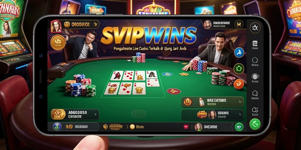 Screenshot gameplay Live Casino SVIPWINS yang menampilkan dealer dan meja permainan.